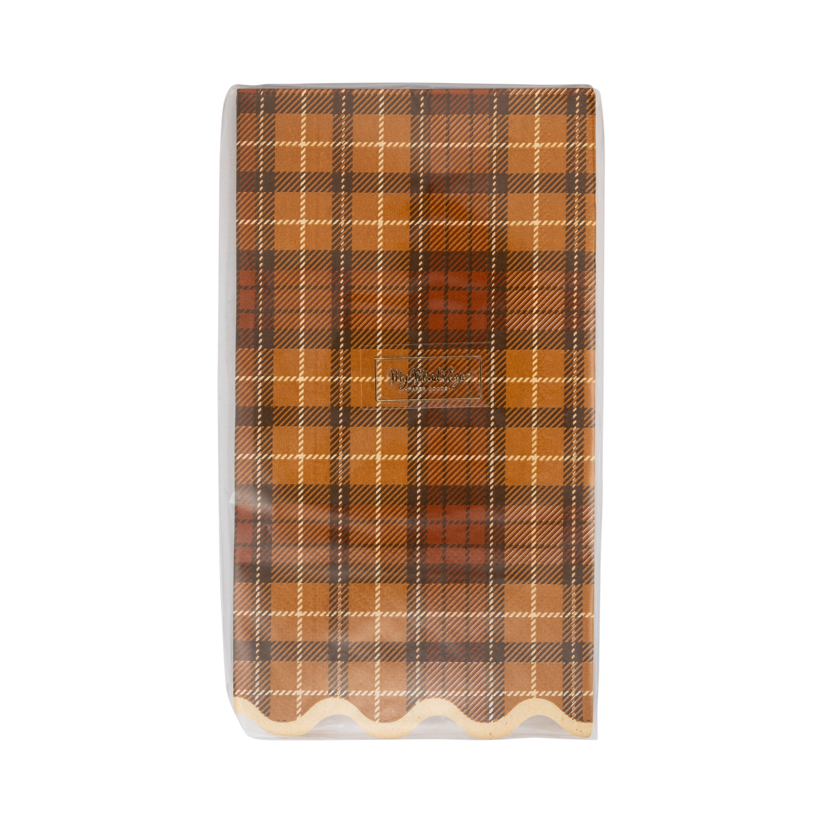 Close-up front packaging of the plaid pattern and decorative cream scalloped edge.