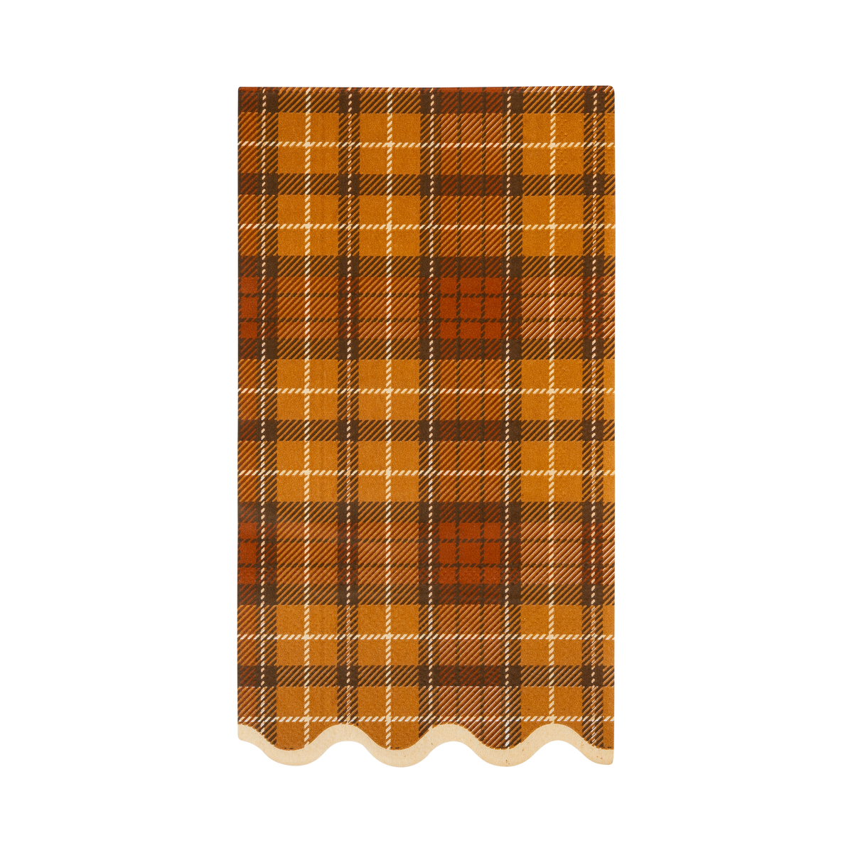 Autumn plaid paper dinner napkins with brown, orange, and cream plaid pattern and cream wavy edge.