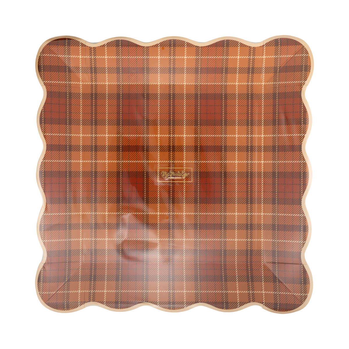 Stack of 8 autumn plaid square plates on a clear packaging.