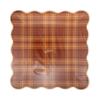 Stack of 8 autumn plaid square plates on a clear packaging.