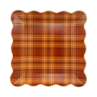 Brown, orange, and cream plaid square paper plate with a wavy edge, front view.