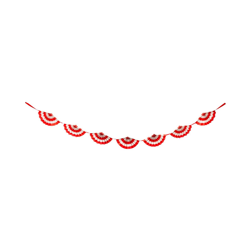 Full product image of the unfurled Red & White Fan Bunting Banner with nine striped fans on red ribbon.