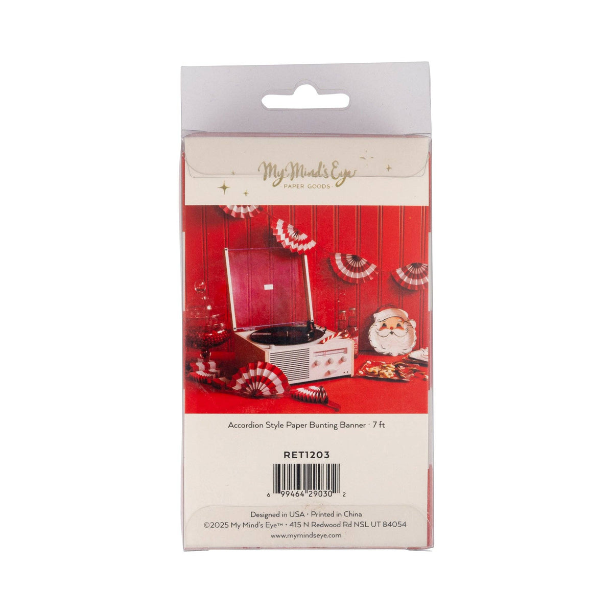 Back packaging view of Red & White Fan Bunting Banner featuring product label and display photo.