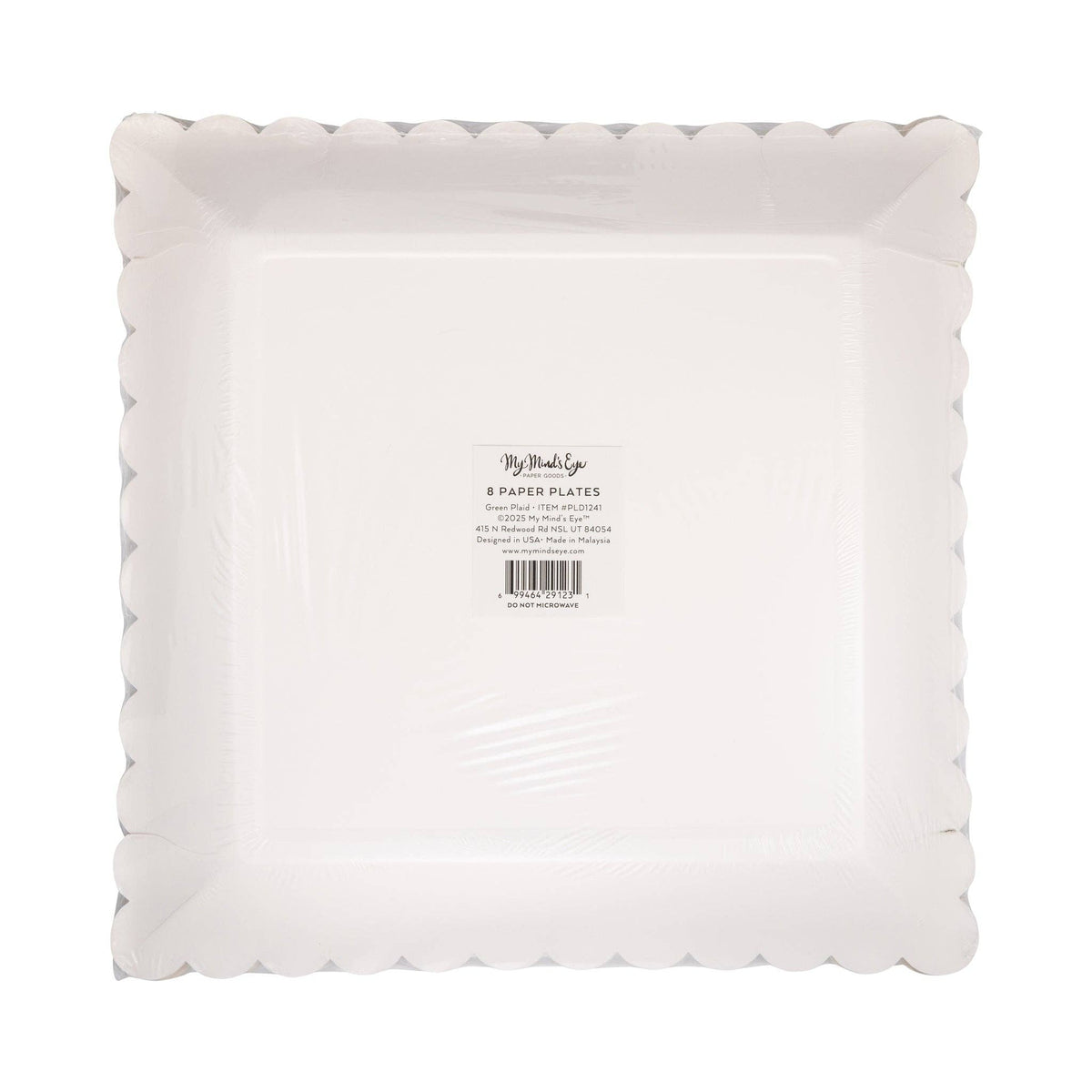 Back view of green plaid scalloped plate pack with label