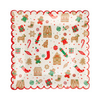 Overhead view of Gingerbread Pattern Plate showcasing full holiday design and red scalloped border.