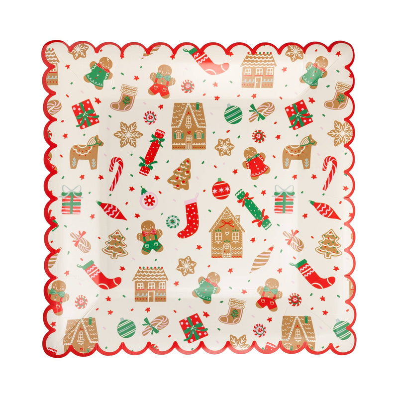 Overhead view of Gingerbread Pattern Plate showcasing full holiday design and red scalloped border.