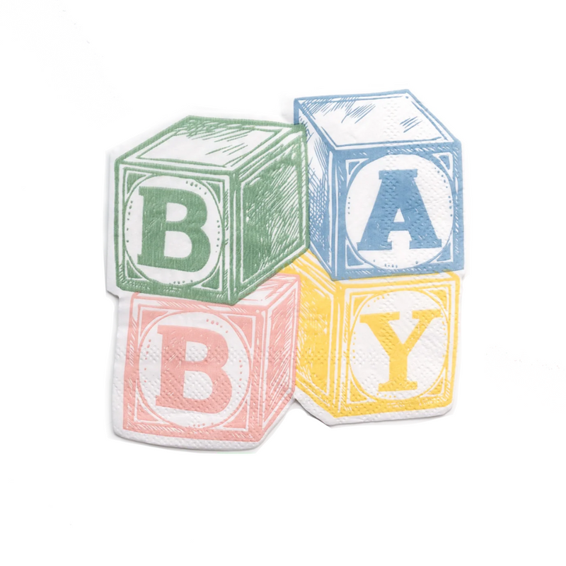 Baby block beverage napkins with pastel B-A-B-Y letters, perfect baby shower napkins for gender reveal or baby shower themes.