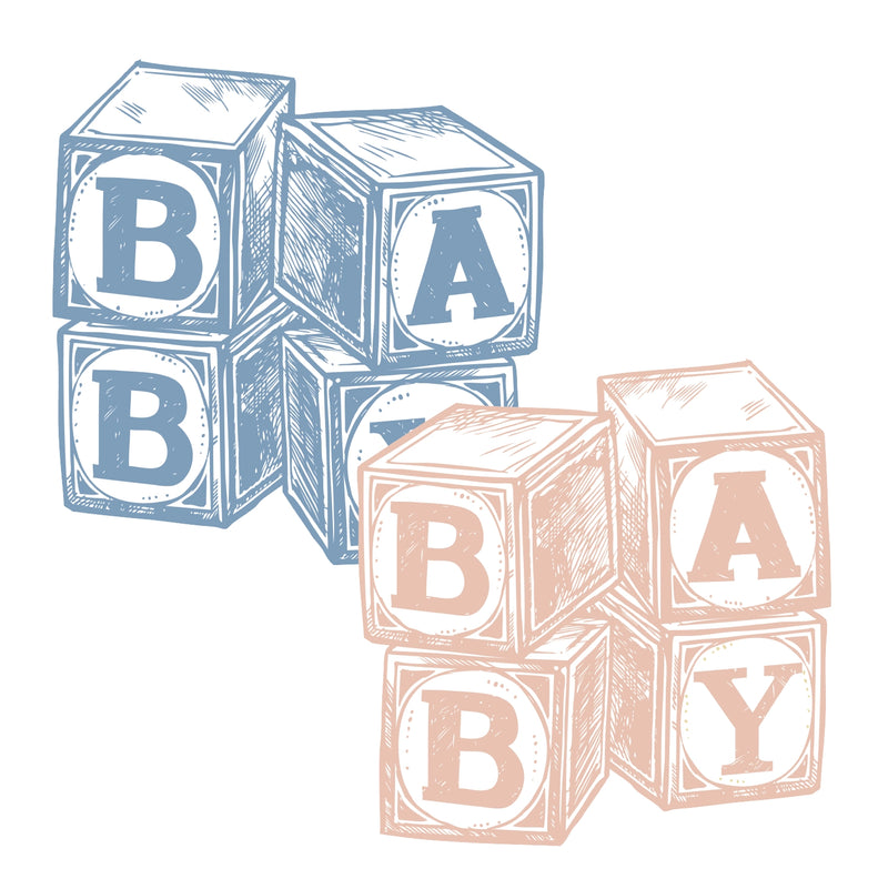 Blue and blush Baby Blocks placemat designs shown side by side—recyclable baby shower placemats.