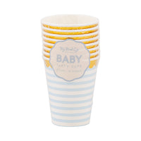 Packaged baby blue party cups with gold foil accents