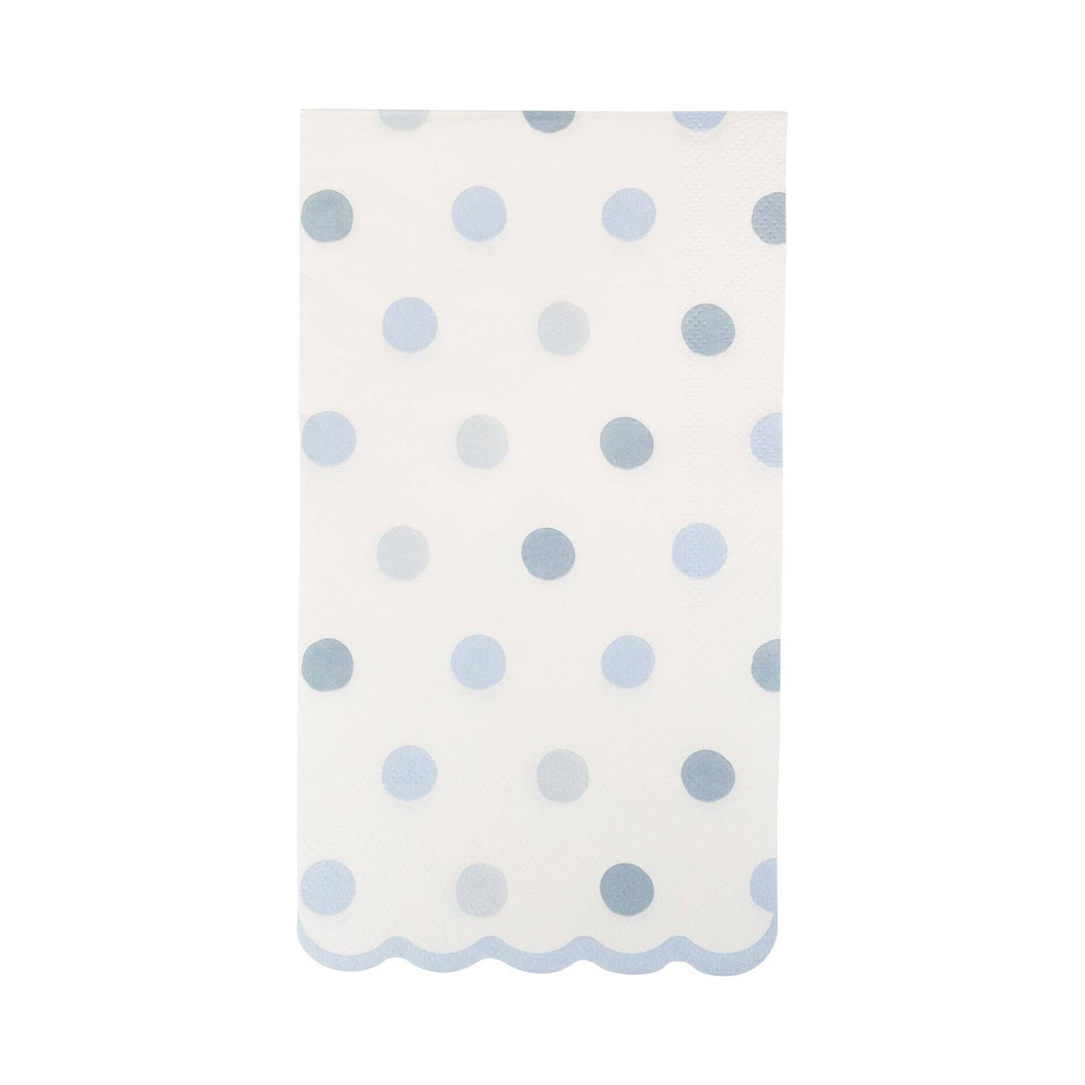 Baby blue polka dot dinner napkin with scalloped edge on white background