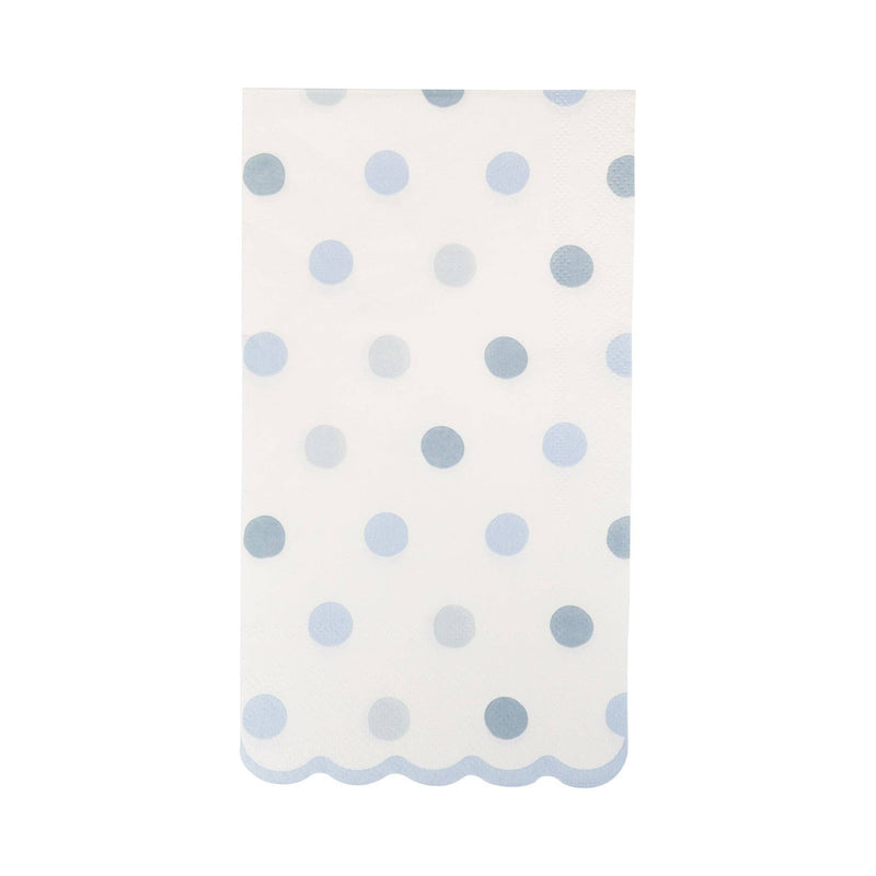 Baby blue polka dot dinner napkin with scalloped edge on white background