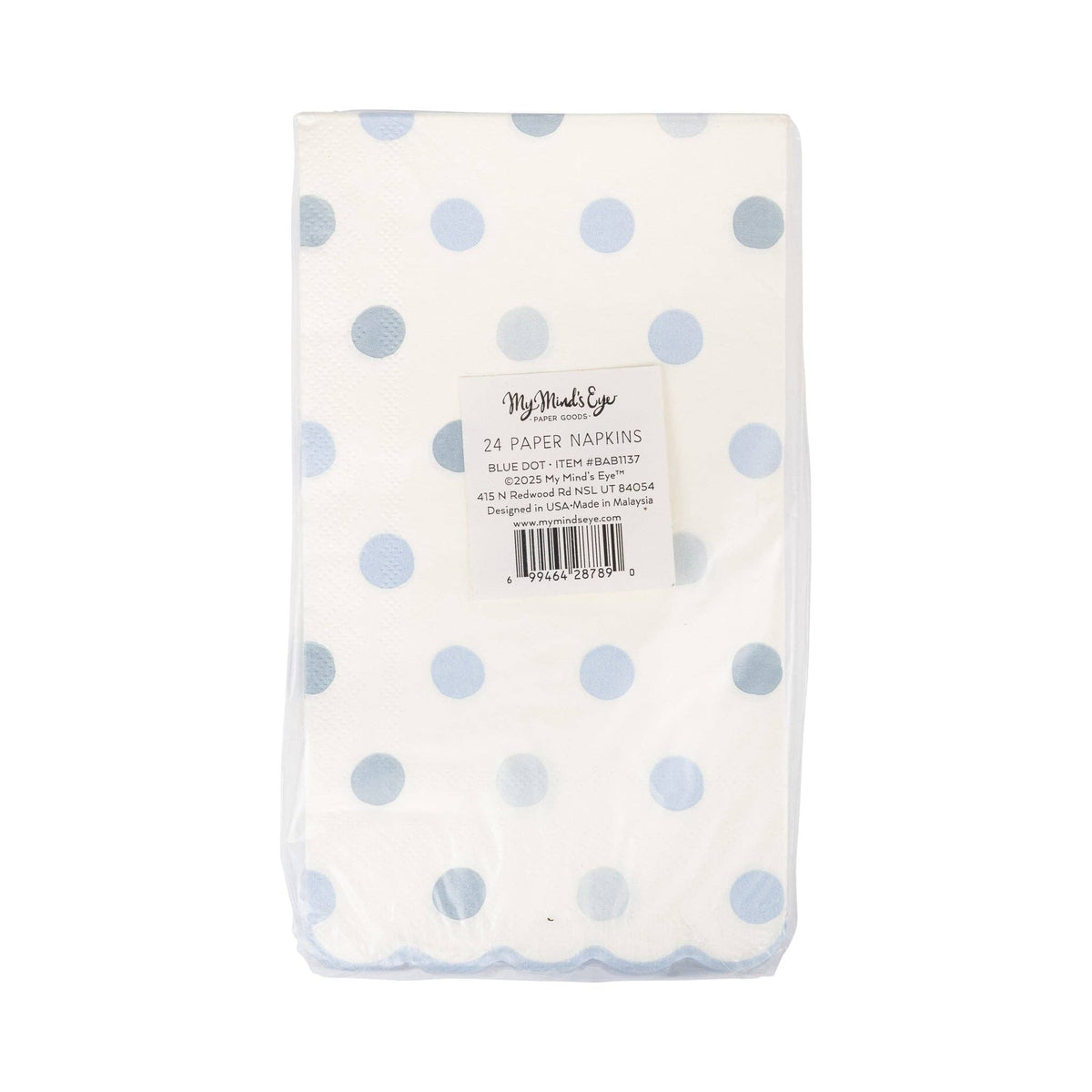 Back of baby blue polka dot napkin packaging showing product details
