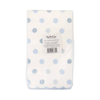 Back of baby blue polka dot napkin packaging showing product details