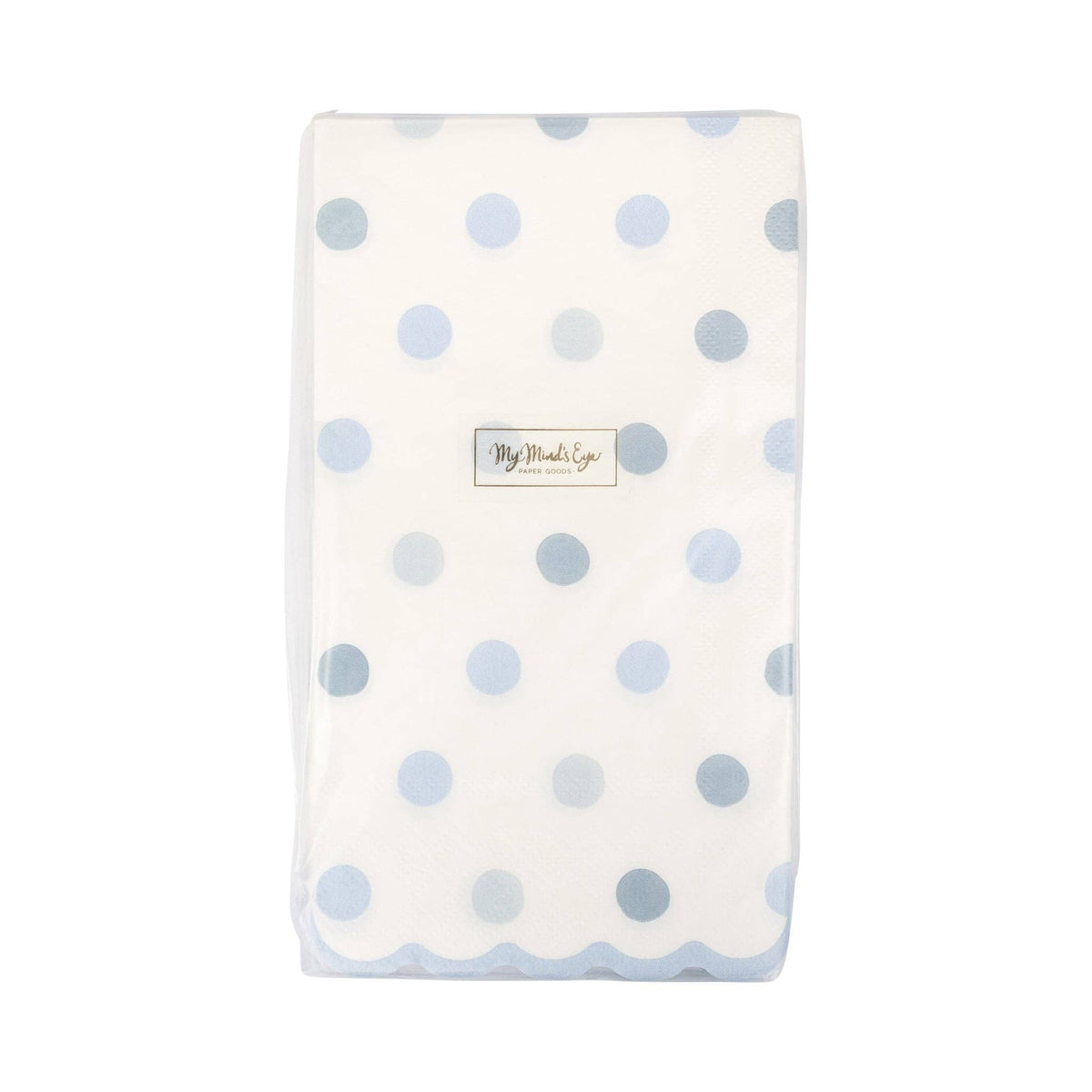 Packaged baby blue polka dot dinner napkins front view
