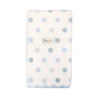 Packaged baby blue polka dot dinner napkins front view
