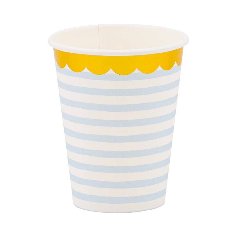 Baby blue striped paper party cup with gold foil detail