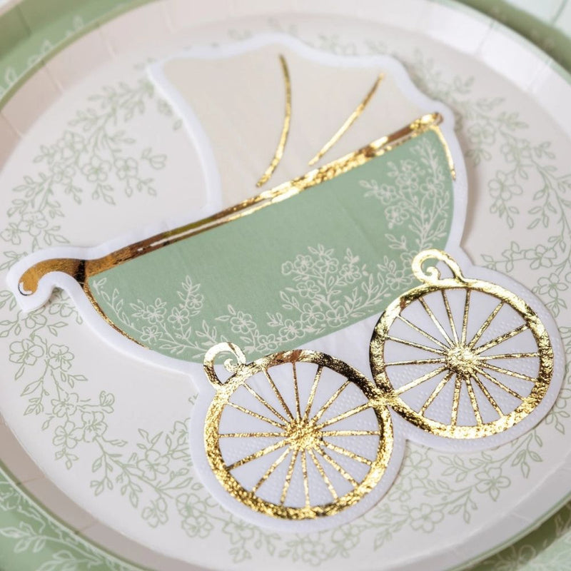 baby carriage napkin placed on sage floral plate.