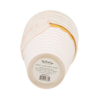 Bottom view of stacked pink paper cups showing product label