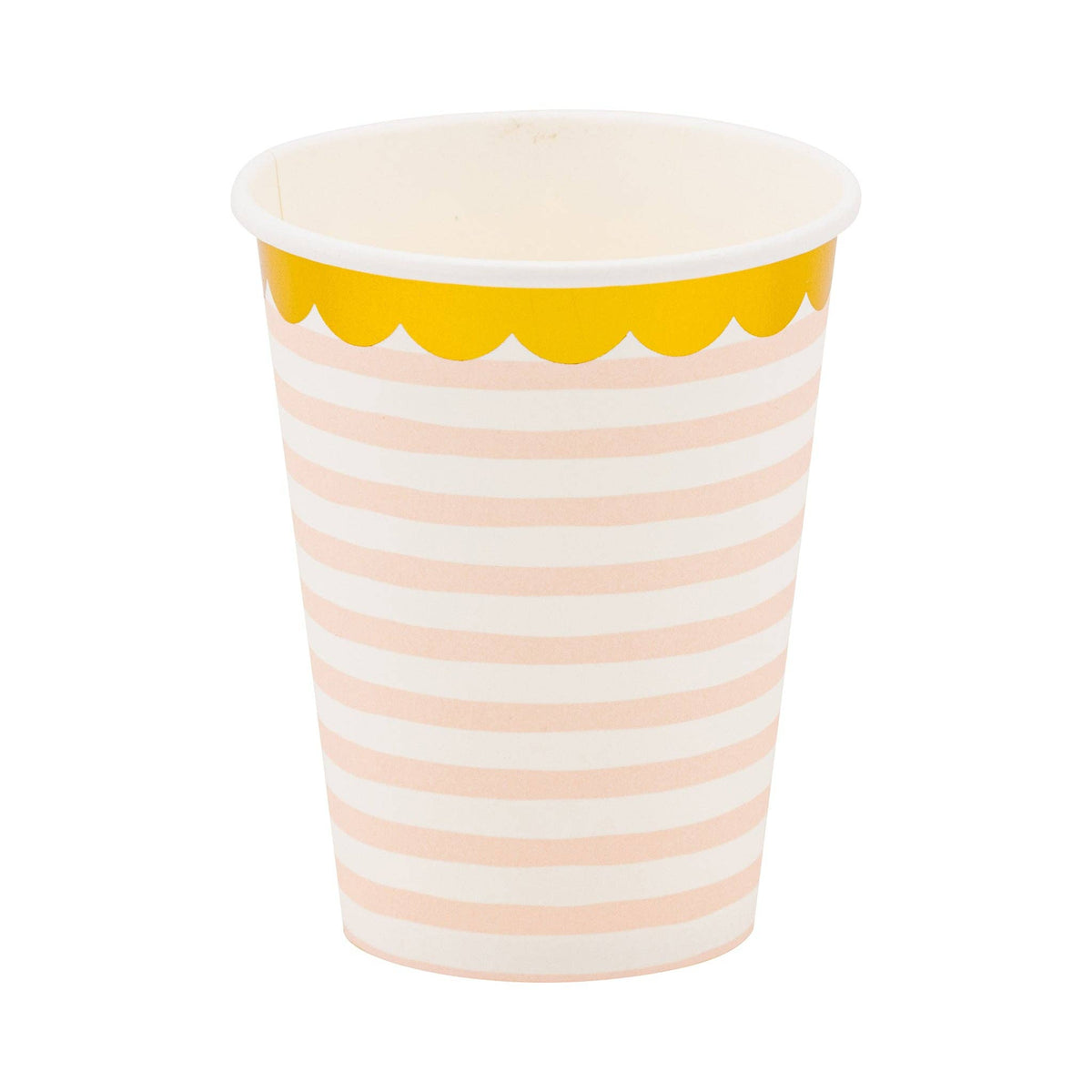 Baby pink paper party cup with soft pink stripes and gold foil scalloped rim