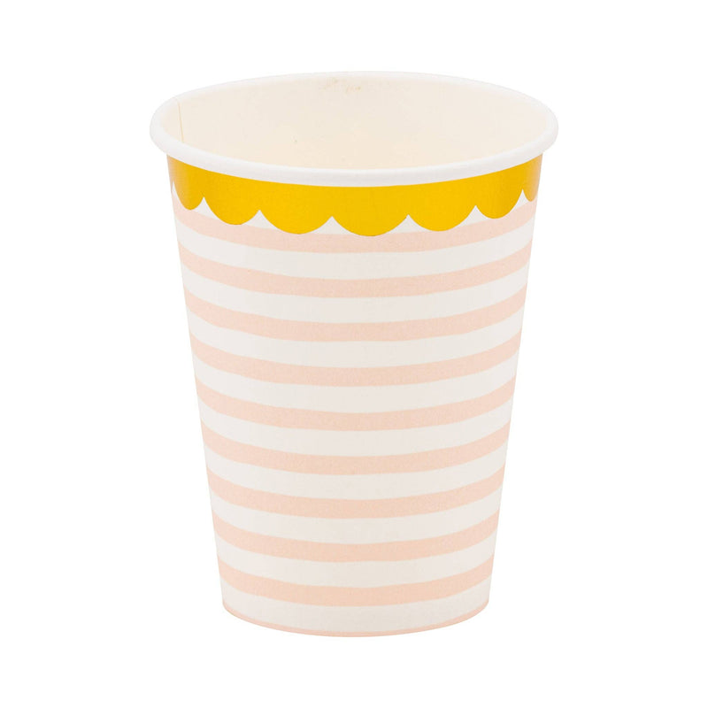 Baby pink paper party cup with soft pink stripes and gold foil scalloped rim