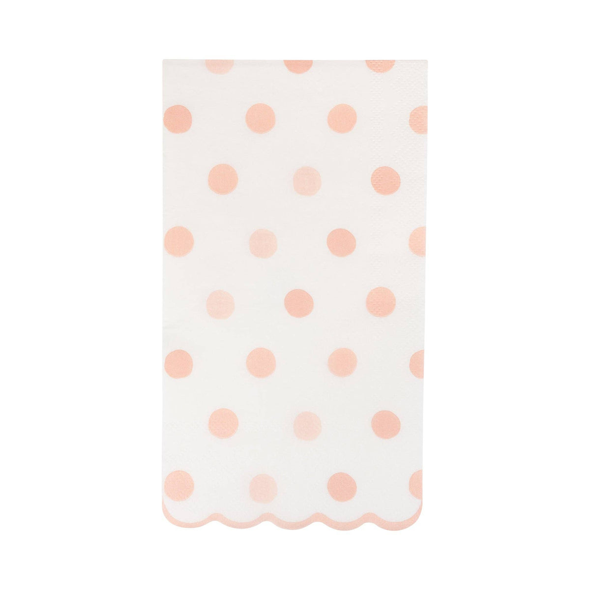 Baby pink polka dot dinner napkin with scalloped edge on white background