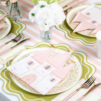 Pink striped table runner styled with princess plates and gold cutlery