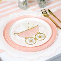 Pink floral plate styled for baby shower table setting