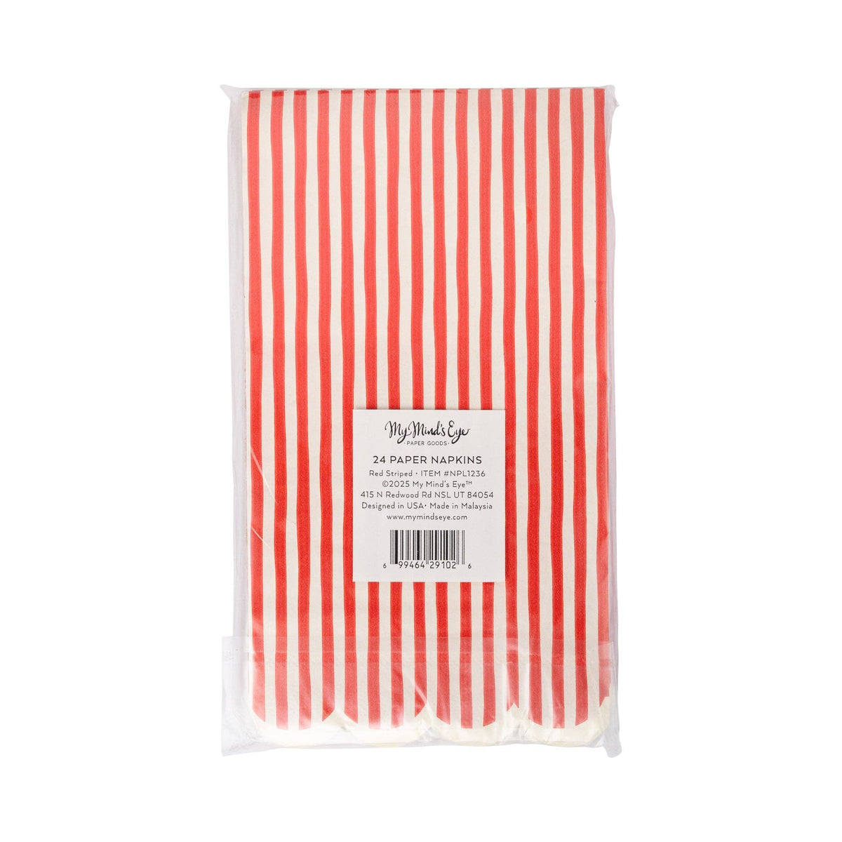Back of red striped napkin pack showing product label and barcode