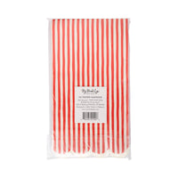 Back of red striped napkin pack showing product label and barcode