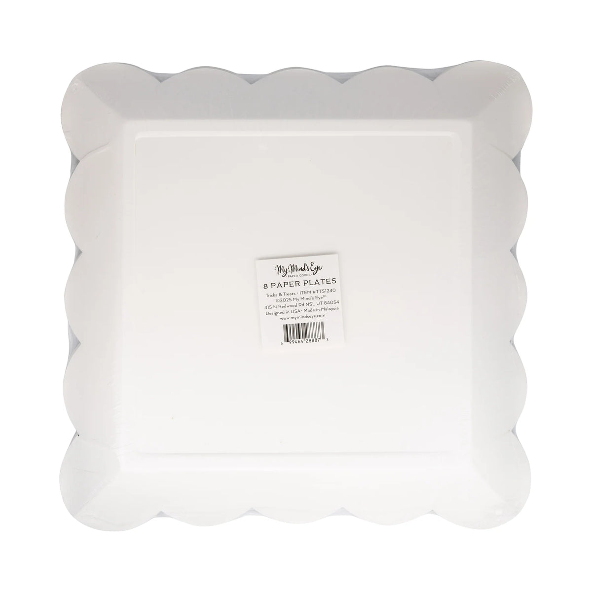 Back of Tricks & Treats Halloween plates pack showing 8-count label on white scalloped square.