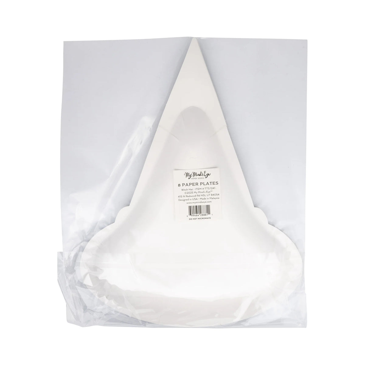 Back view of Witch Hat Halloween plates package showing quantity label on white plates.