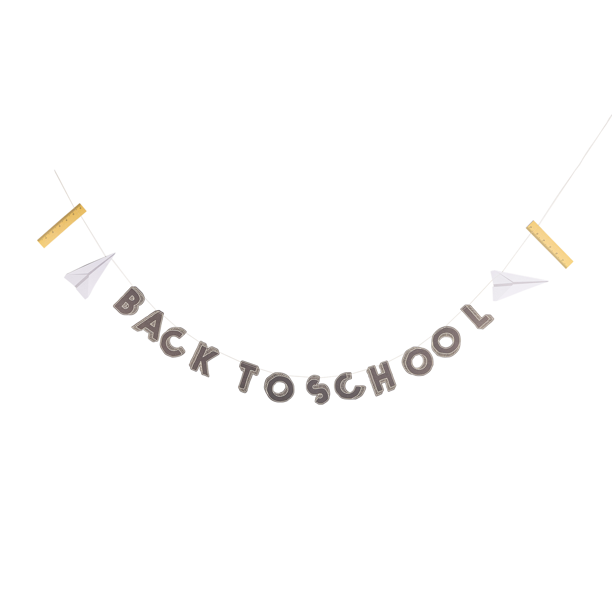 Back to School sewn paper garland with chalkboard letters, mini rulers, and folded paper airplanes, hung against a white background.