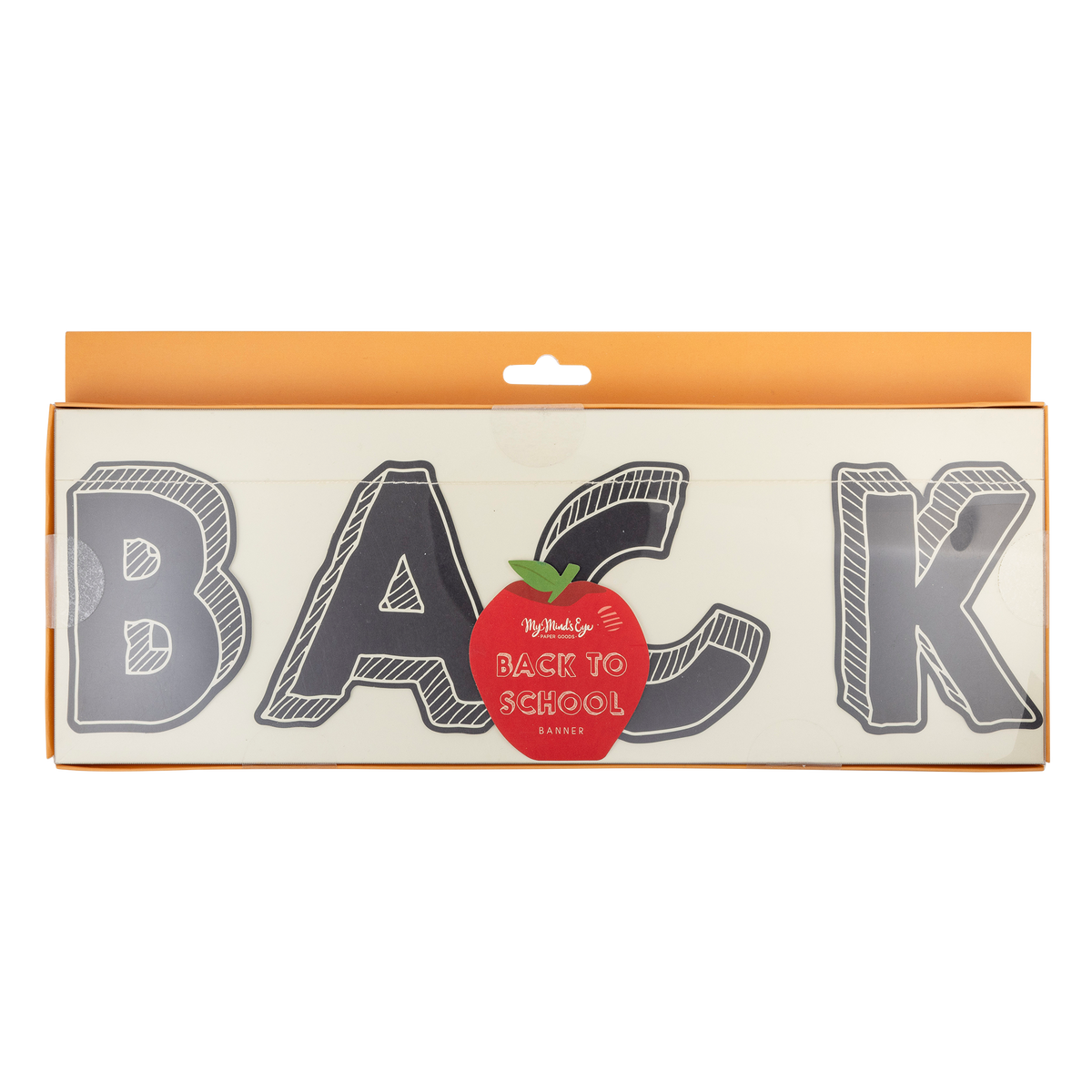 Front of the Back to School banner packaging showing the chalkboard letters and red apple label.