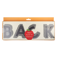 Front of the Back to School banner packaging showing the chalkboard letters and red apple label.