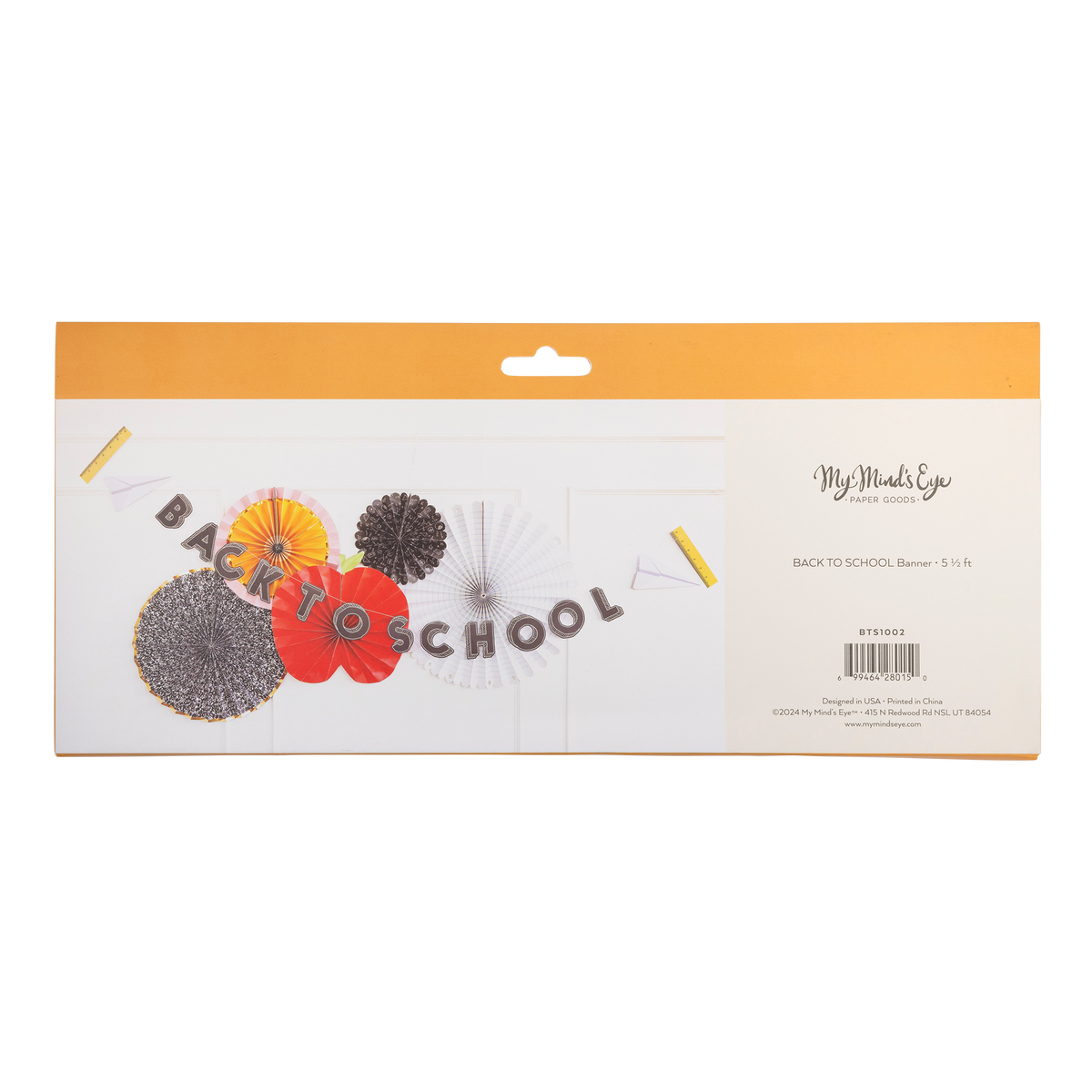 Back of the Back to School banner packaging showing the styled banner with paper fans, an apple, and rulers.