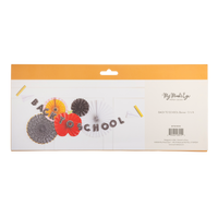 Back of the Back to School banner packaging showing the styled banner with paper fans, an apple, and rulers.