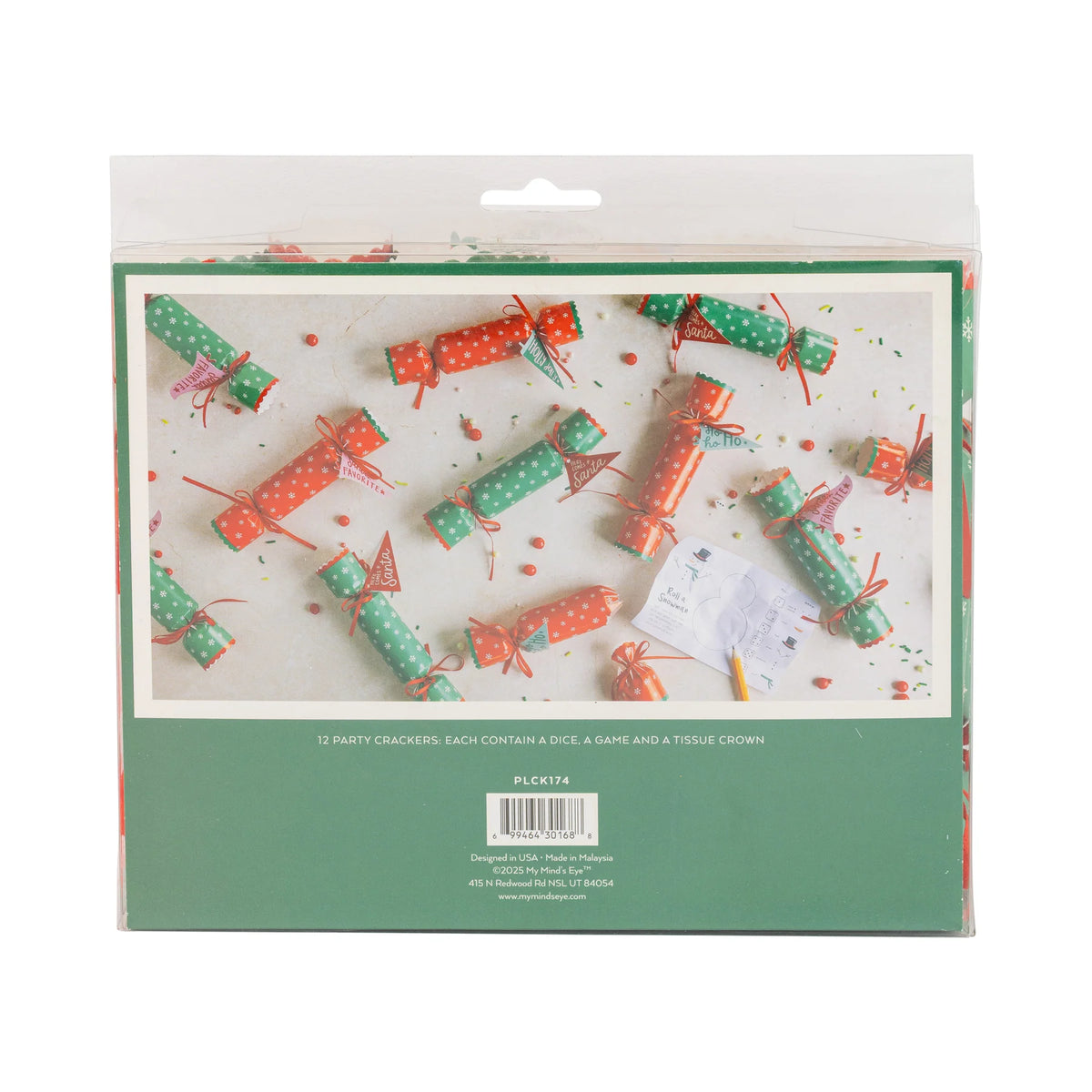 Back of the packaging detailing the contents (dice, game, crown) of the holiday poppers.