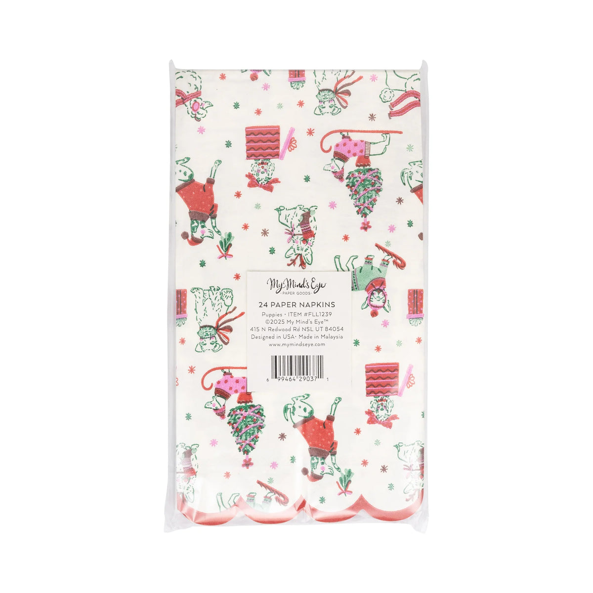 Back of the packaged 24 Christmas napkins showing product details and a portion of the repeating pattern.