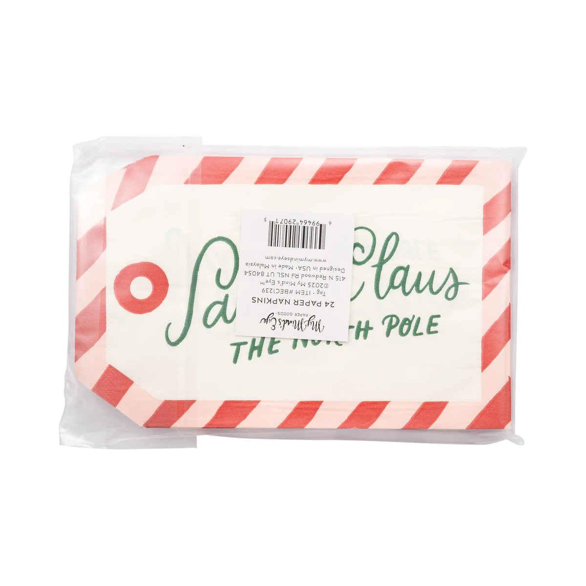 Back of the package showing the label, product dimensions, and quantity of the holiday cocktail napkins.