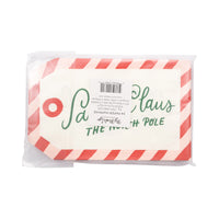 Back of the package showing the label, product dimensions, and quantity of the holiday cocktail napkins.