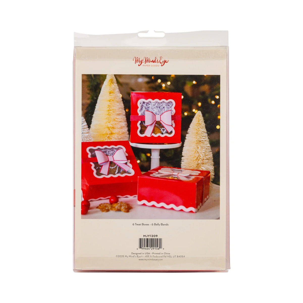 Back of the packaged Christmas cookie boxes showing an assembled lifestyle image and product dimensions.