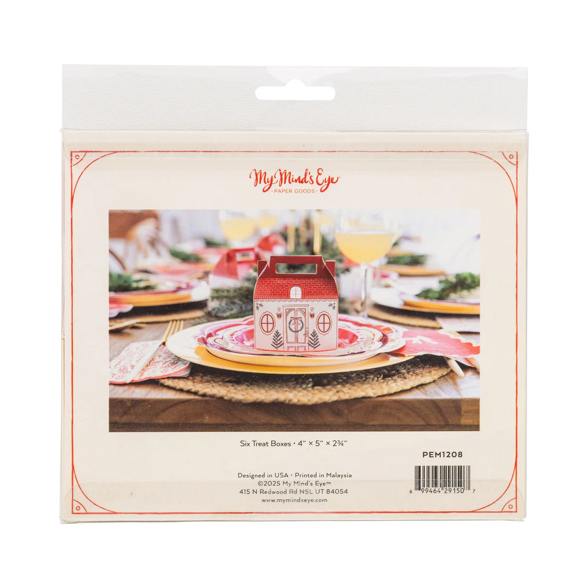 Back of the packaged Christmas cookie boxes showing a lifestyle shot on a table and product dimensions.