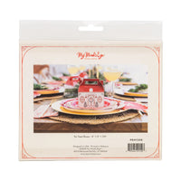 Back of the packaged Christmas cookie boxes showing a lifestyle shot on a table and product dimensions.