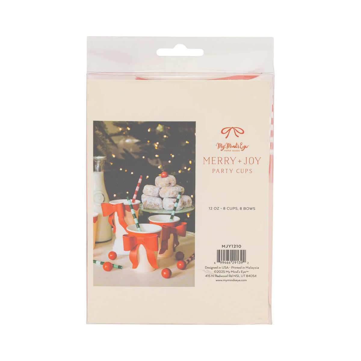 Back of the packaged Christmas paper cups showing a lifestyle photo and product specifications.