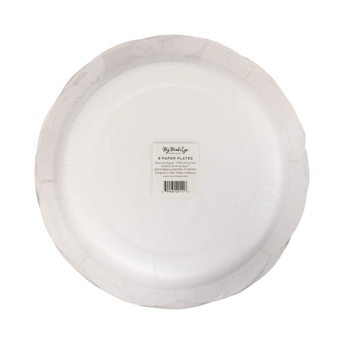 Back of the package showing the product label, quantity, and information for these disposable dinner plates.