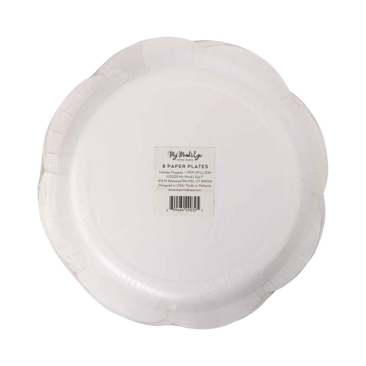 Back of the packaged holiday dinnerware showing the scalloped edges and product label.