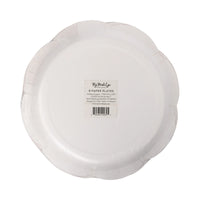 Back of the packaged holiday dinnerware showing the scalloped edges and product label.