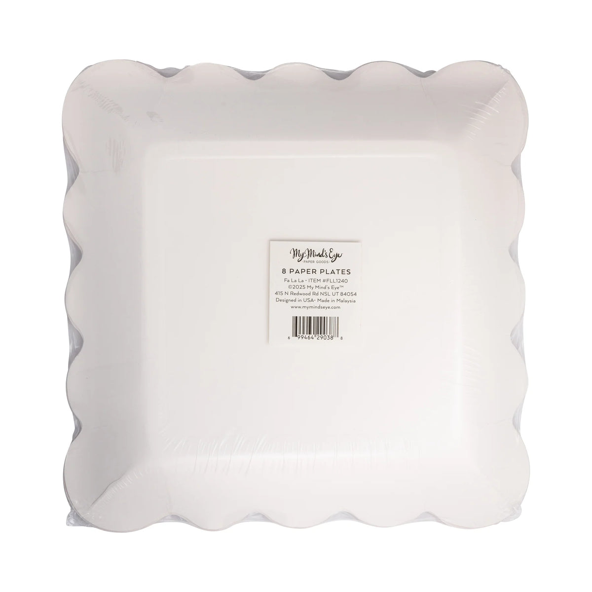 Back of the packaged holiday dinnerware showing the scalloped edges and product label.