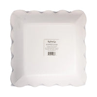 Back of the packaged holiday dinnerware showing the scalloped edges and product label.