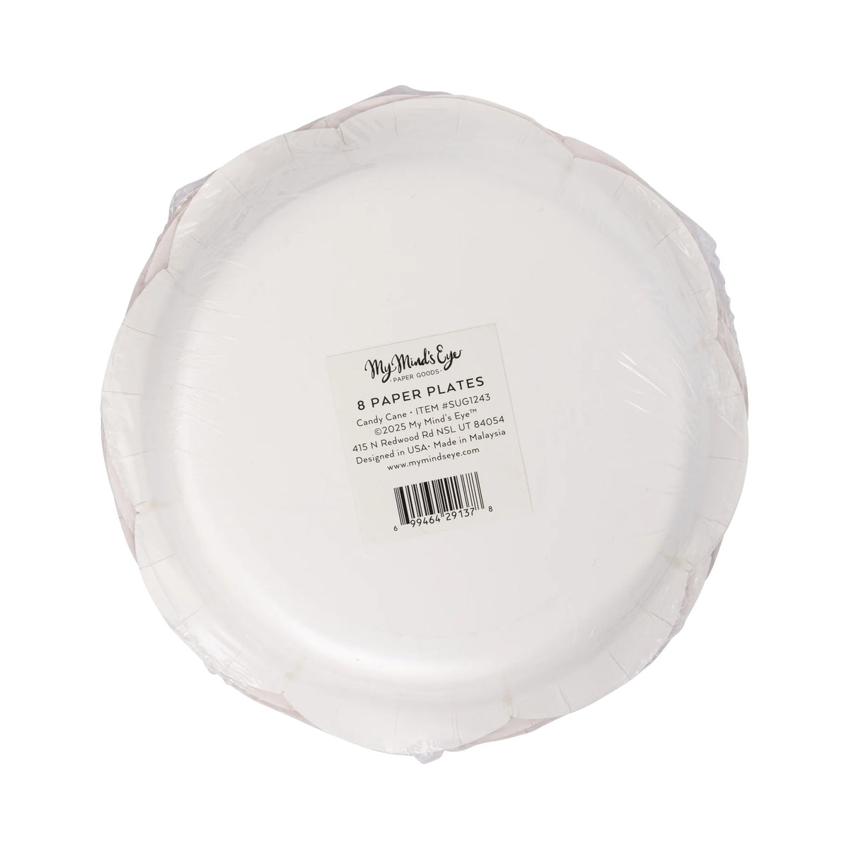 Back of the packaged paper dessert plates showing the size and product information.